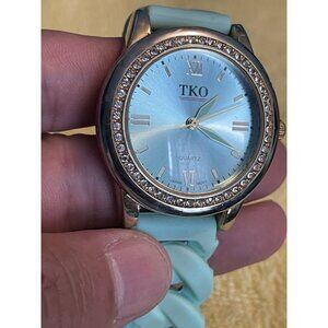 TKO ORLOGI‎ WOMENS WATCH MINT GREEN RUBBER BAND CRYSTAL BEZEL (needs Battery)